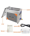Hualuck 6 Liter Digital Ultrasonic Cleaner With Heat Function Heated Bath Tank with cover, control panel, power cable, and cleaning basket.