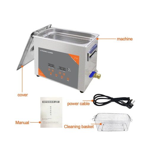 Hualuck 6L Digital Ultrasonic Cleaner With Heat And Timer, Stainless Steel Tank, cover, cleaning basket, power cable, manual