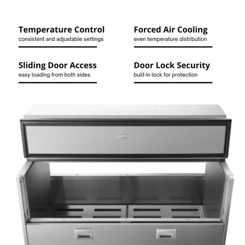 Rock Solid Double Sided Milk Cooler Built Tough For School Cafeterias Featuring Slick Sliding Doors And Premium Stainless Steel Construction with visible features.