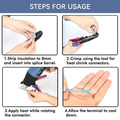 Steps for usage of Blue Ring Terminals Set Size Eight For 16 To 14 AWG Wire Includes M4 Studs Pro Grade Heat Shrink Kit.