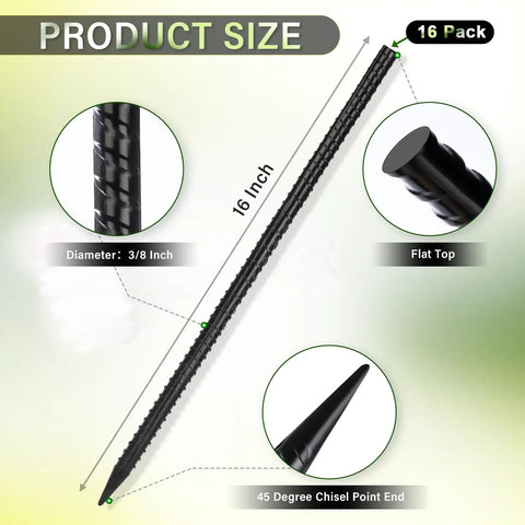 Product size diagram showing 16 Inch Heavy Duty Rebar Stakes Set Of 16 Ground Anchors with chisel point and flat top.