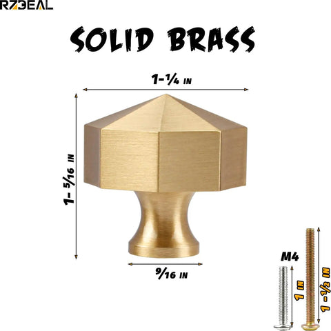 Solid Brass Knobs Set In Brushed Gold Finish, Euro Style, with screw dimensions, heavy duty design for cabinets and dressers
