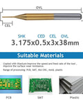 Diagram of Pro Grade 1 Eighth Inch Shank 0.5mm Carbide End Mill Set for PCB CNC Engraving and Carving with sizes and materials.
