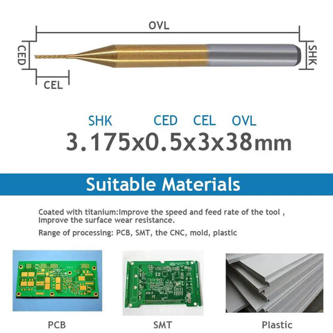Diagram of Pro Grade 1 Eighth Inch Shank 0.5mm Carbide End Mill Set for PCB CNC Engraving and Carving with sizes and materials.