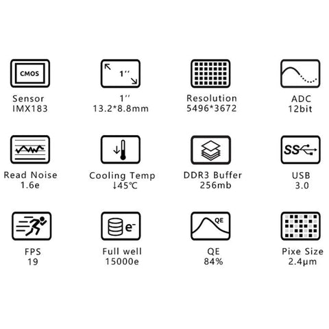 Technical specifications for Cooled Color Astronomy Camera For Dope Deep Sky Imaging With 20.18 MP CMOS Sensor And USB 3.0.