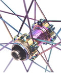 Close-up of colorful 24 hole hub on Beefy 50mm Carbon Fiber Road Wheelset With Center Lock Disc Brakes Quick Release 700C