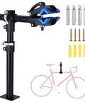 Extended Adjustable Bike Repair Stand With Clamp for Road and Mountain Bikes, includes hardware, shown with schematic.