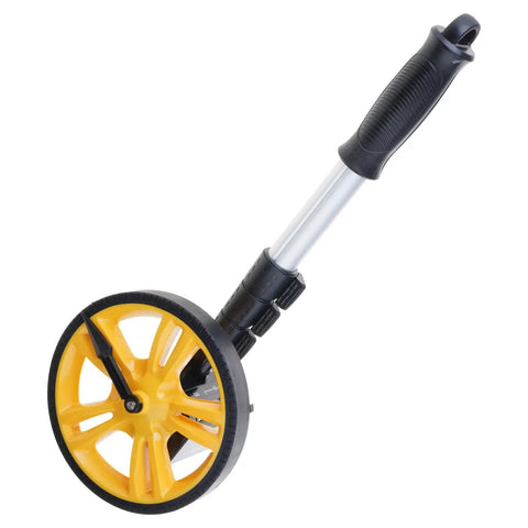 Measuring Wheel 0-9999.9m Digital Display for Construction Worker with yellow wheel and adjustable handle.