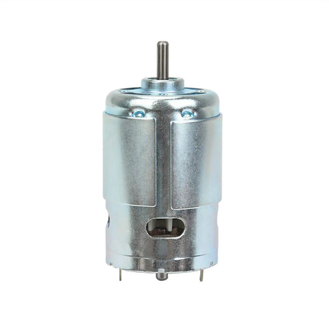 Smooth Riding DC Motor 775 Upgrade Kit Featuring Dual Ball Bearings That Kick Some Serious Torque At 12000 RPM front view with shiny metal casing.