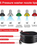 Five pressure washer nozzle tips and coiled 26ft hose, labeled for tasks. Part of Pressure Washer Gun Kit With 26 Inch Hose.