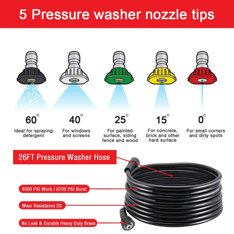 Five pressure washer nozzle tips and coiled 26ft hose, labeled for tasks. Part of Pressure Washer Gun Kit With 26 Inch Hose.
