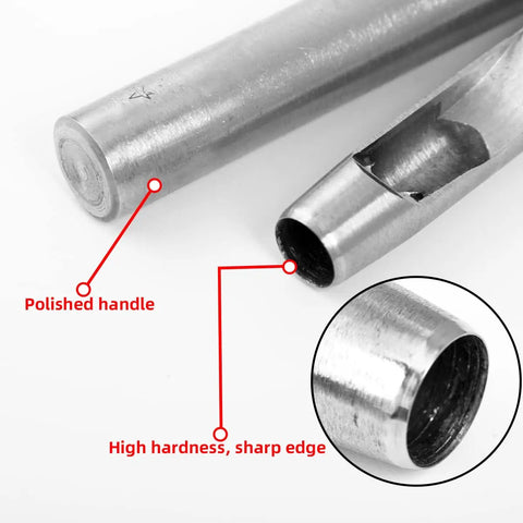 Close-up of 7 Piece Hollow Punch Set With Round Holes From 0.5mm To 5mm For Leather Craft Watch Bands showing polished handle and sharp edge.