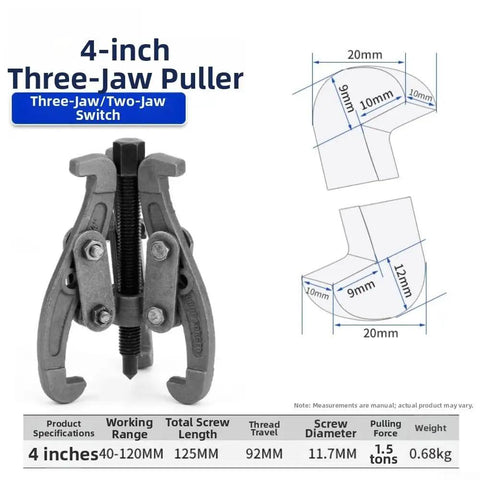Bad Ass 28 Ton Bearing Puller Set Featuring 3 To 28 Inch Adjustable Jaw Tool For Serious Gear Removal And Pulley Work Made Of Heavy Steel With Max Traction To Rip Out Stubborn Bearings Without Damaging Neighbors During Tough Disassembly Jobs. 4-inch three-jaw puller, 3-jaw/2-jaw switch, steel, 40-120mm