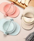 Hassle Free Wheat Straw Dumpling Press Three Sizes Foldable Kitchen Gadget in pink, blue, and beige for quick homemade ravioli.