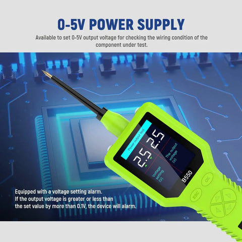 Ultimate Vehicle Electrical Tester with 2.4 Inch TFT Display showing 0-5V power supply feature for cars and motorcycles.