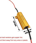 Angled side view of gold anodized 50W 6 ohm automotive LED load resistor with mounting tab and red/black leads.