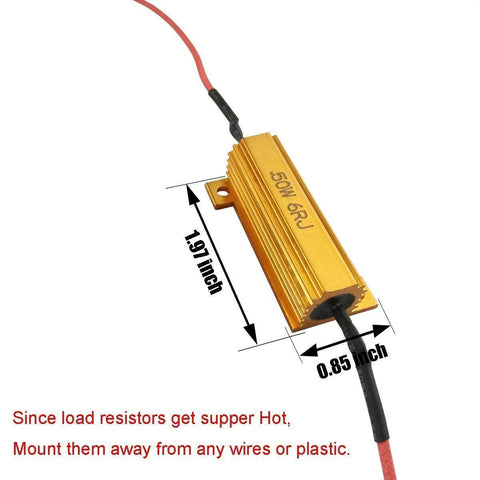 Angled side view of gold anodized 50W 6 ohm automotive LED load resistor with mounting tab and red/black leads.