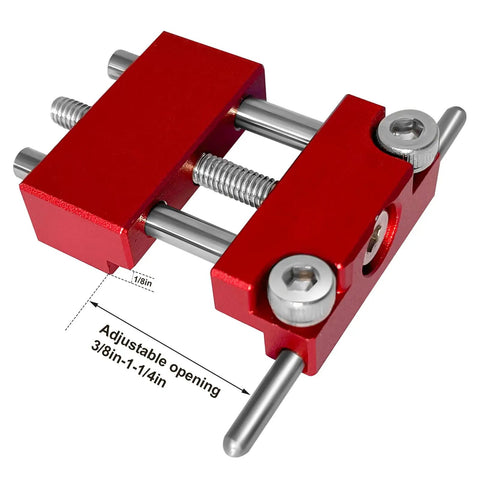 Precision Adjustable Vise Work Stop And Quick Clamp Jaw Featuring Hella Tough Red Anodized Aluminum Build close-up showing adjustable opening from 3/8 to 1-1/4 in.