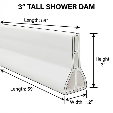 Three Inch Tall Collapsible Shower Threshold Water Dam 59 Inch Long Water Splash Guard Barrier shown in white rubber with dimensions.