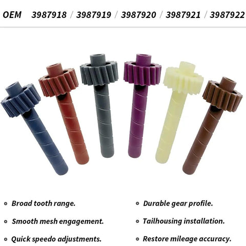Colorful gears from the Six Piece Speedometer Driven Gear Kit For GM Transmissions Muncie Saginaw 3 To 4 Speed T5 T10 Super T10 Powerglide TH200 TH350 With 17 18 19 20 21 22 Teeth Gears O Rings Not Included displayed in a row.