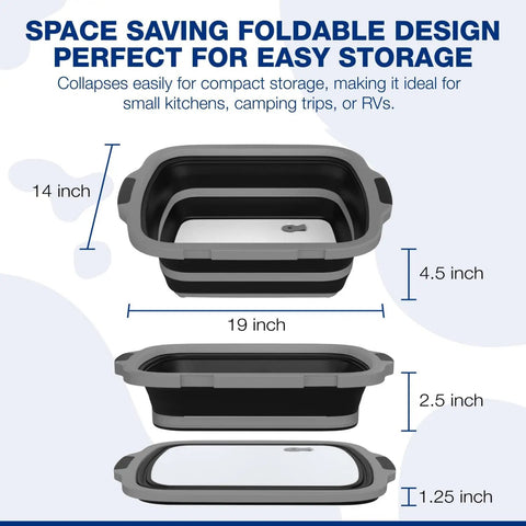 Two Pack XL Collapsible BBQ Prep Tub With Built In Cutting Board Lid And Strainer For Marinating Draining And Prep Big Food Safe Container For Grillin Smokin And Outdoor Cookin Black with dimensions