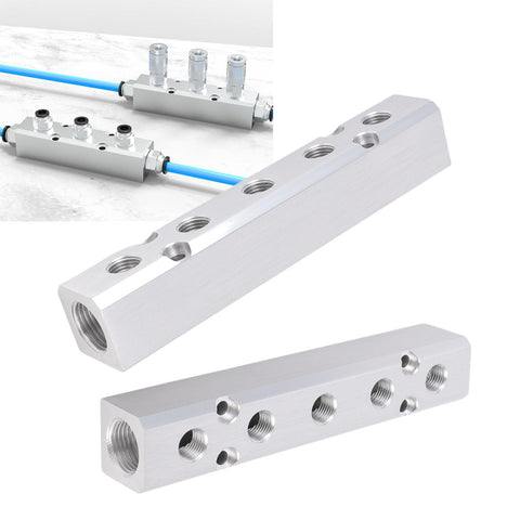 Two Pack 5 Way 7 Port Pneumatic Air Manifold Block With One Half Inch NPT Supply Port And One Quarter Inch NPT Output Ports