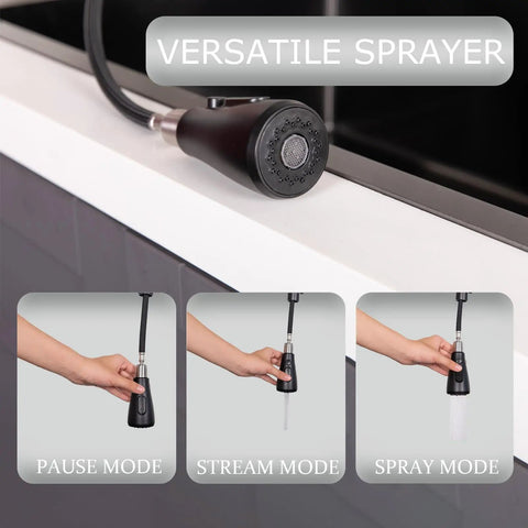 Hella Sweet Matte Black Kitchen Faucet With Single Handle And Buttery Pull Down Sprayer Solid Stainless Steel showing versatile sprayer modes.