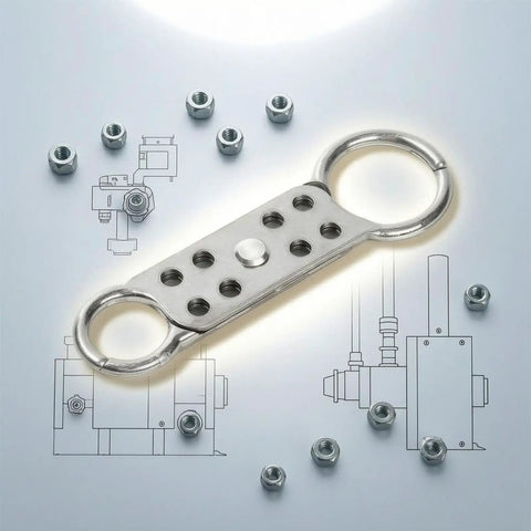 Industrial Aluminum Alloy Lockout Hasp With Rectangular Flat Bar shown with mechanical drawings and nuts