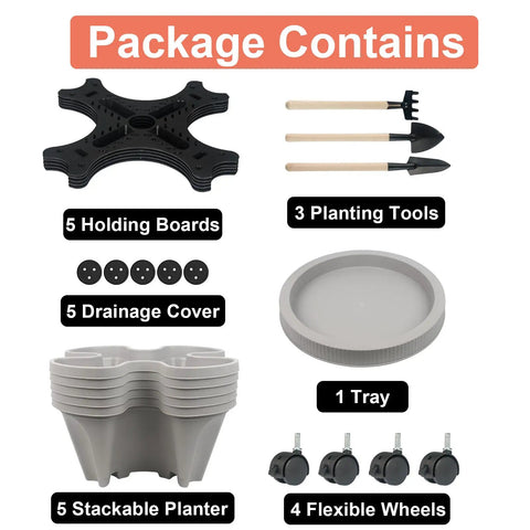 Package contents for Five Tier Vertical Planter Tower with wheels showing tools, trays, and components for easy mobility and durability.