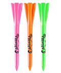 4 Prong 2.75 Inch Pro Grade Plastic Golf Tees Pack Of 30 Neon Mix For Long Distance And Straight Flights displayed in neon colors