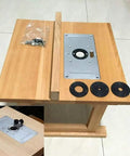Pro Level Woodworking Router Table Insert Plate With Quick Flip Panel And Heavy Duty Drill Chuck Trim Tool Kit, wood base and accessories.