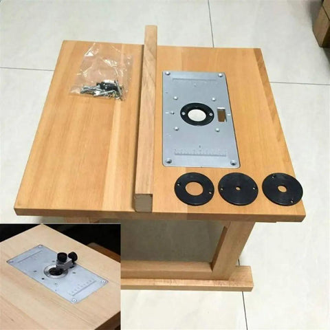 Pro Level Woodworking Router Table Insert Plate With Quick Flip Panel And Heavy Duty Drill Chuck Trim Tool Kit, wood base and accessories.