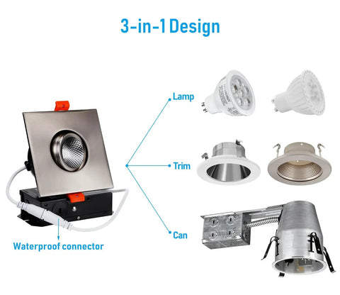 3 Inch Gimbal LED Recessed Light Kit, Dimmable Ten Percent To One Hundred Percent, 7W Equal To 50W Recessed Downlight, CRI 90+, 5000K Daylight, ETL And Energy Star Certified, Satin Nickel Square Trim, 120V, Pack Of 6