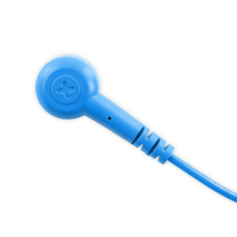 Close-up of the blue connector end of the Anti Static Wrist Strap For Electronics Repair And ESD Grounding Wristband With Adjustable XL Size Eight Point Two Five Inch Unstretched Circumference Reusable And Safe For Grounding Yourself While You Work.