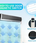 Solid As A Rock Sixty Inch Commercial Air Curtain Stainless Steel with remote and panel control above door.