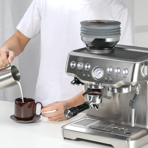 Silicone Bellow Replacement For Breville Barista Express And Compatible Espresso Machines Quick-Install Single Dose Hopper Upgrade Gray Fits Barista Pro Touch Smart Grinder Pro shown on espresso machine in use