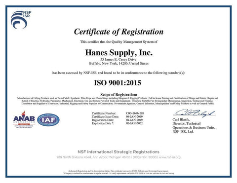 ISO 9001:2015 certification of Hanes Supply, Inc. for quality management system compliance.