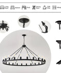 53 Inch Farmhouse Wagon Wheel Chandelier With 24 Lights Rustic Black Round Ceiling Light showing installation parts and close-ups
