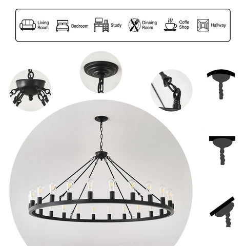 53 Inch Farmhouse Wagon Wheel Chandelier With 24 Lights Rustic Black Round Ceiling Light showing installation parts and close-ups