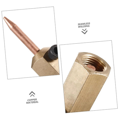Close-up of Seamless Electric Welding Hammer Kit copper tip and threaded end, used for dent repair and shaping automotive panels.