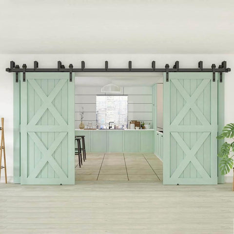 Bypass Sliding Barn Door Hardware Kit, 16 Ft Four Doors, Double Track System for Smooth Sliding, installed, full hardware visible