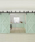 Installed view of 11Ft Four Doors Double Track Bypass Sliding Barn Door Hardware Kit Hardware Only No Doors Included
