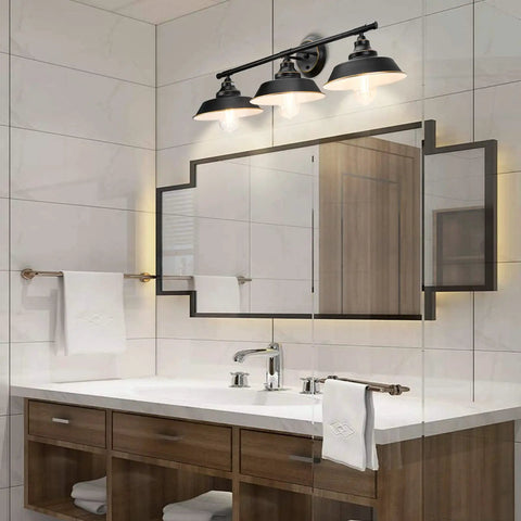 Farmhouse Rustic 3 Light Vanity Sconce Set, Industrial Black Wall Lights for Vanity Mirror Cabinet, bathroom installation