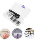 Eyeglass Repair Tools Kit With Screws Nose Pads And Tiny Screwdriver For Quick Glasses Fix On The Go, shown with travel case.
