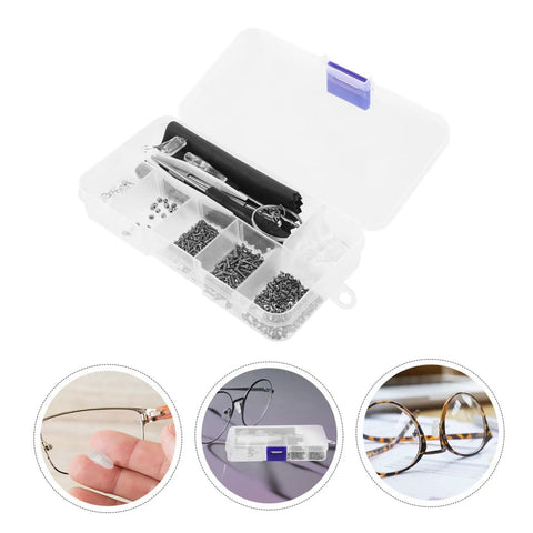 Eyeglass Repair Tools Kit With Screws Nose Pads And Tiny Screwdriver For Quick Glasses Fix On The Go, shown with travel case.
