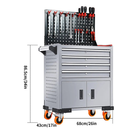 Heavy Duty Rolling Tool Cart With Lockable Cabinet And Three Drawers 440 Lbs Capacity On Wheels Built From Cold Rolled Steel Garage Workshop Tool Chest Organizer For Home, Shop, And Warehouse, 34in tall