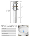 Pop-up drain stopper with dimensions for Round Bathroom Vessel Sink 14.4 Inch Above Counter Porcelain Ceramic Matte White Modern Vanity Basin Art Bowl