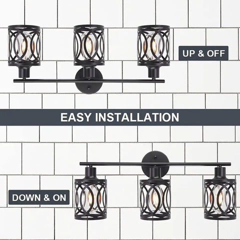 Three Light Industrial Vanity Light Fixture In Black Farmhouse Wall Sconce showing both up and down installation options.
