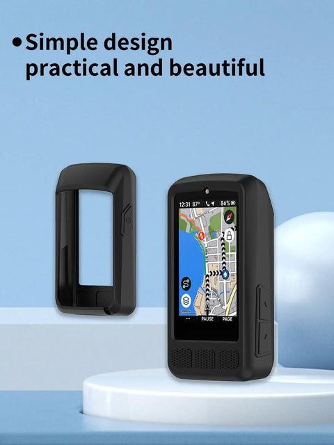 Rugged Soft Shell Case For ELEMNT ROAM V3 GPS Cycling Computer showing black silicone leather blend case and device.