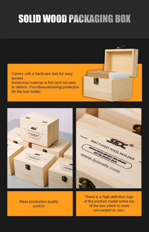 Solid wood packaging box with hardware lock for BMT55/C8020 CNC Lathe Tool Turret Block, providing cushioning protection.
